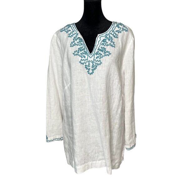 Madison Tops - Madison Size XL Linen White Embroidered Trim Tunic Teal Split Neck Long Sleeve